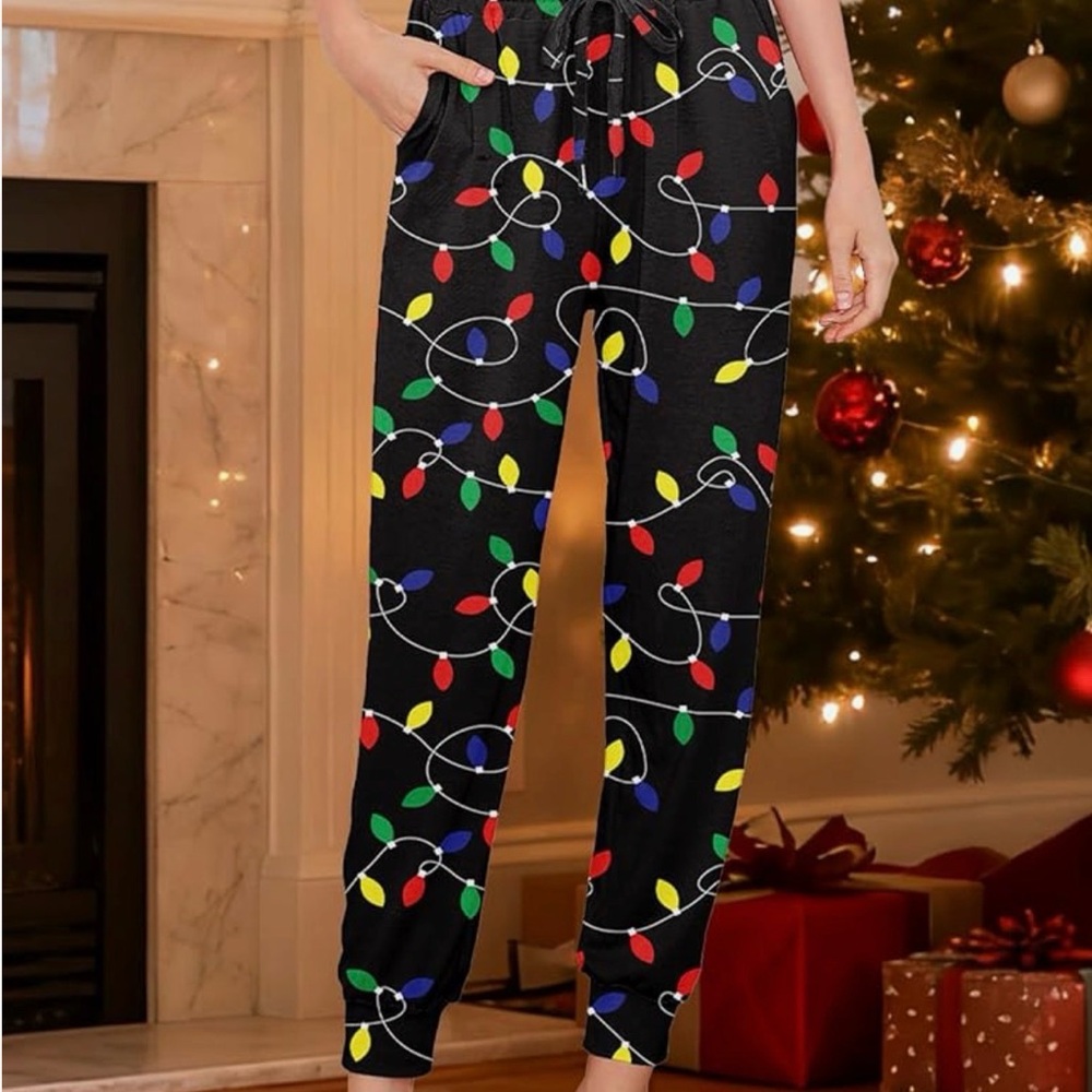 Tipsy Elves Black Pajama Pants with Colorful Lights